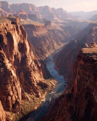 Sunlit canyon walls rising above a winding river, hazy atmosphere softening distant cliffs, editorial landscape capturing depth, texture, and the timeless erosion of desert stone