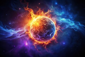 Obraz premium Fiery Celestial Body Enveloped in Cosmic Nebulae, a Stunning Display of Icy and Burning Gases in the Vast Expanse of Space