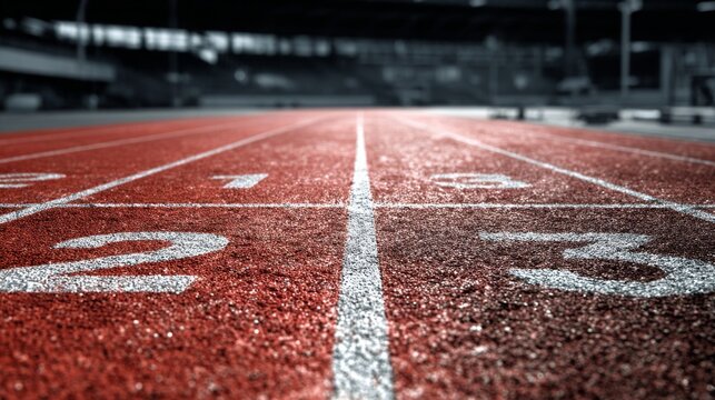 Long straightaway of a red running track shown at sunset, blending athletics, discipline, and inspirational mood as warm light reflects across lane markings and textured surface