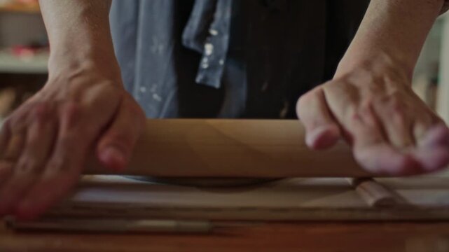Hands of female artisan flattening clay disc with wooden rolling pin between guide sticks on worktable in pottery studio. Close-up view