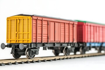 Obraz premium Miniature Model Train Consisting of a Series of Brightly Colored Freight Cars