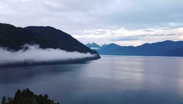 Serene lake vista showcasing misty mountains and a tranquil expanse of water.
