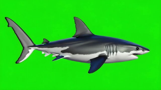 Animated great white shark swimming across a bright green screen for chroma key compositing use green screen animal video