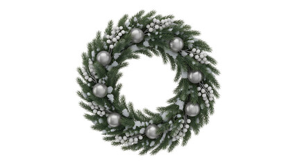 Green fir Christmas wreath with silver baubles and snow isolated on a transparent background fir branches