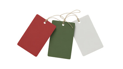 Three blank rectangular paper tags in red green and white isolated on a transparent background label