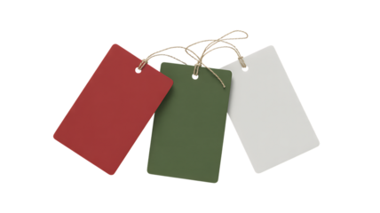 Three blank rectangular paper tags in red green and white isolated on a transparent background label