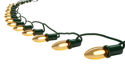 String of warm yellow Christmas lights on green wire isolated on a transparent background string lights