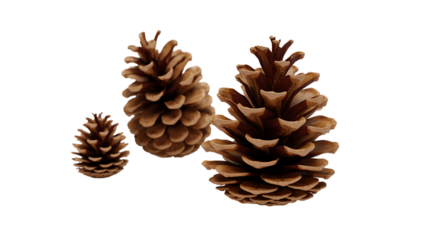 Three brown pine cones of varying sizes displayed isolated on a transparent background natural nature