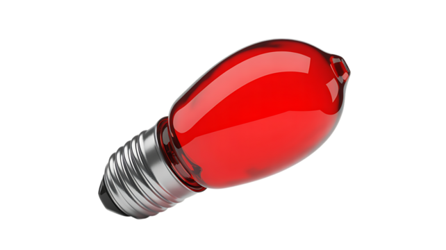 Red oval glass light bulb with silver metal base isolated on a transparent background image