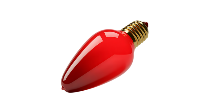 Shiny red Christmas light bulb with gold base isolated on a transparent background red light bulb