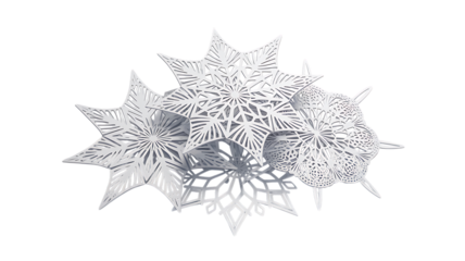 White paper snowflakes with intricate geometric patterns isolated on a transparent background image