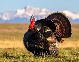 A wild turkey struts in a grassy field, snow-capped mountains in the background