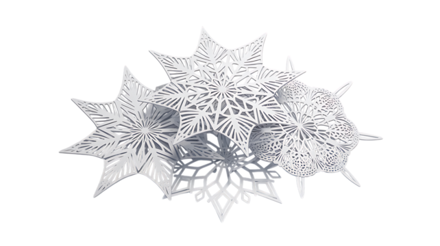 White paper snowflakes with intricate geometric patterns isolated on a transparent background image