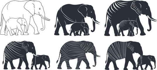 Six Elephant Family Illustrations in Varied Artistic Styles, Black and White Walking Poses with Calves, Wildlife Vector Design Series © MDTanvir