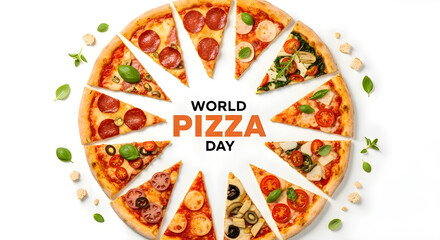 Creative pizza slice circle with text World Pizza Day, delicious Italian fast food concept on white background, celebration poster design for restaurant and food festival advertising theme