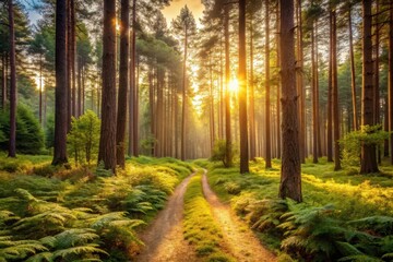 Obraz premium Golden Hour Pathway Through a Sun-Dappled Forest with Lush Green Undergrowth and Tall Trees