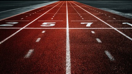 Red running track with bold lane markings captured in warm light, creating a dynamic and motivating sports environment ideal for themes of training, athletic performance, and competitive energy