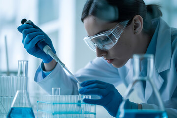 A scientist in a laboratory setting carefully uses a pipette to transfer liquid into a test tube