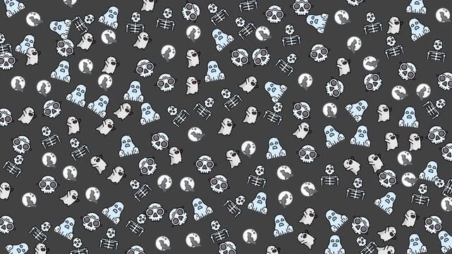 Seamless Halloween pattern featuring ghosts, skulls, skeletons, and bats on a dark background. Perfect for wrapping paper, wallpaper, web design, or festive decorations.