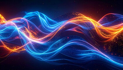 Fototapeta premium Abstract glowing blue and orange light trails intertwining on dark background, representing fast internet, data flow, and futuristic digital communication concept.