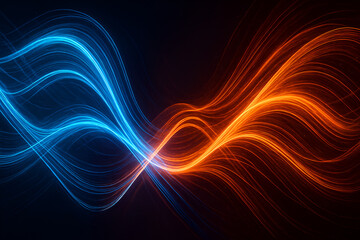 Fototapeta premium Abstract glowing blue and orange light trails intertwining on dark background, representing fast internet, data flow, and futuristic digital communication concept.