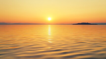 Fototapeta premium Golden Sunset Reflection on Calm Sea with Distant Mountains and Small Island