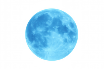 Blue celestial full moon glowing with ethereal light against a transparent background, space and fantasy concept