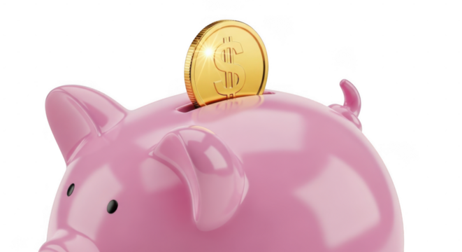 Pink piggy bank with gold coin being inserted isolated on transparent background