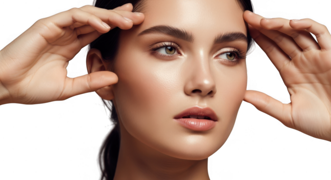 Beautiful woman touching her face isolated on transparent background, closeup portrait