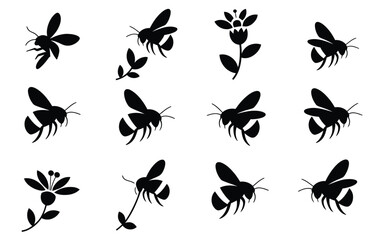 Vector art of collection of black bee silhouettes with flowers