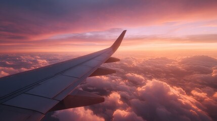 Fototapeta premium Wing of airplane over pastel colored clouds at sunset, editorial travel image evoking freedom, reflection, and the beauty of sky journeys