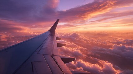 Golden light view through airplane window during sunrise, showcasing tranquil clouds and vivid color tones symbolizing wanderlust and serenity in travel
