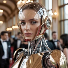 Close up of a sophisticated golden humanoid robot with intricate mechanical details at a formal event