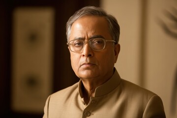 Portrait of a distinguished indian man with glasses wearing a formal tan jacket