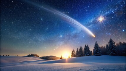 Winter Solstice Celestial Event Comet Streaking Across a Starry Night Sky Above Snowy Landscape with Evergreen Trees at Sunrise