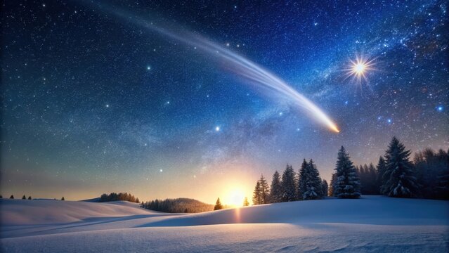 Winter Solstice Celestial Event Comet Streaking Across a Starry Night Sky Above Snowy Landscape with Evergreen Trees at Sunrise