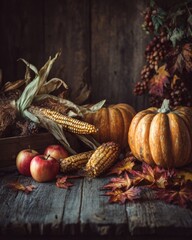 Warm autumn still life scene with pumpkins, berries, candles, and textured natural elements arranged artistically on rustic wood to evoke seasonal comfort and festive charm