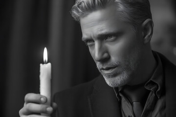 A black and white portrait of a man looking at a candle flame