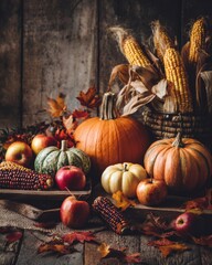 Editorial autumn harvest table scene with pumpkins, wheat, candles, and seasonal produce arranged in warm light to celebrate tradition, abundance, and fall festivities