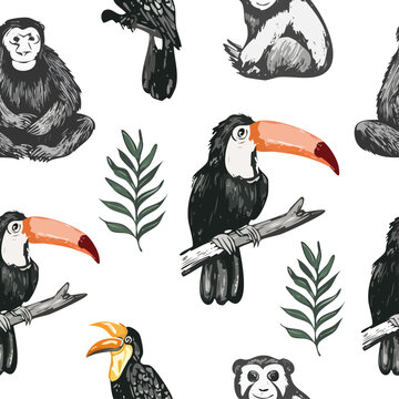Seamless pattern of rainforest animals, featuring charming toucans, chimpanzees, hornbills, and botanical elements in a sketch style. 