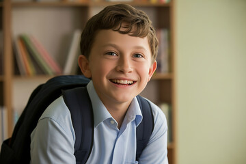 A smiling young school boy with a backpack in front of a bookshelf, ready for learning