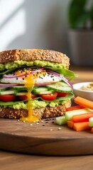 Healthy Avocado Sandwich with Fresh Vegetables and Egg Yolk Drizzle.