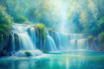 Obraz premium Serene Waterfall Cascading Through Lush Forest, Enchanting Teal Waters, Tranquil Nature Scene