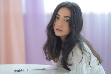 A beautiful young woman with long dark hair looking gently at the camera
