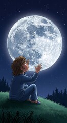Child Reaching for the Moon - A Dreamy Nighttime Scene.