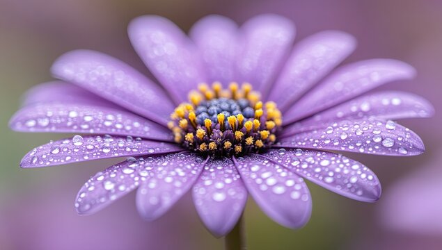 Purple daisy with water droplets, yellow center, macro shot