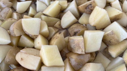 Closeup of Cubed Potato Pieces Freshly Cut