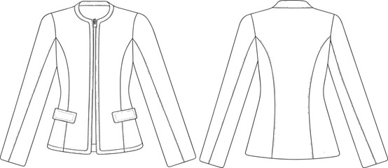 Fashion illustration, technical jacket sketch, tailored women’s outerwear, round neckline design, front zipper closure, vector template, front and back view