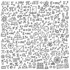 Hand drawn math and science doodle pattern background.