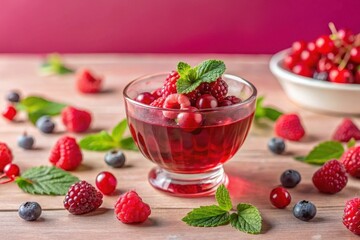 Delicious Red Berry Dessert in Glass Bowl with Fresh Mint